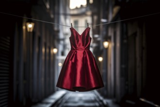 Red dress hanging alone in alley. Symbol of missing women and gender-based violence. Generative Ai,