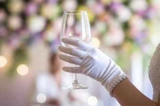 White silk glove holding empty wine glass at wedding reception. Generative Ai, AI generated