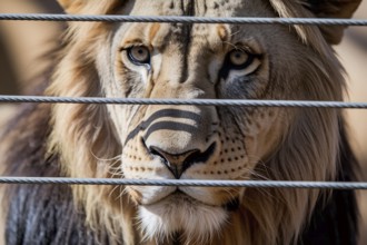 Close-up of a lion behind a fence in a zoo. Powerful wildlife portrait highlighting captivity.