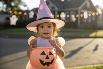 Young child in pastel pink witch costume holding empty jack-o'-lantern bucket in warm autumn