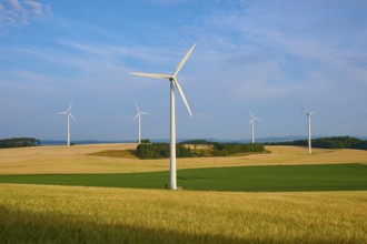 Wind turbines in a wide, green landscape under a clear sky, summer, Höhefeld, Wertheim,