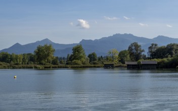 Calm lake with mountains in the background, surrounded by trees and a clear blue atmosphere,
