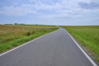 A long, straight road leads into the distance between wide fields under a cloudy sky, Orferode,