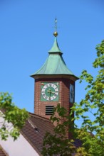 A tower with a green dome and clock, surrounded by blossoming trees under a clear sky, Triberg in