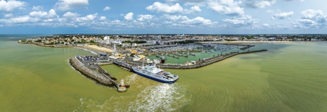 Panorama of ferry in Royan from a drone, Nouvelle-Aquitaine, Charente-Maritime, France