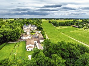 Castle of La Riviere, Vineyard Chateau de La Riviere from a drone, Bordeaux, France