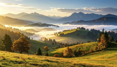 Mystical foggy landscape in autumn, colorful trees in fog, misty mood nature atmosphere, AI