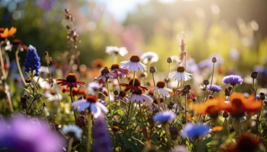 Bee-friendly garden design, colorful variety of blooming flowers in the summer, AI generated