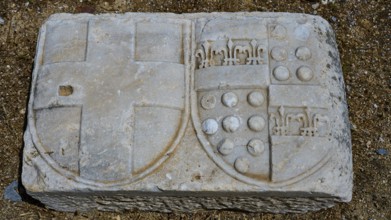 Ancient stone slab with engraved coats of arms and symbols, Abandoned Village, Lost Place, Pyli,