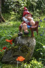 Sitting garden gnome in a garden, Bavaria, Germany