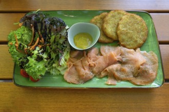 Salmon with baggers, potato pancakes and salad, served in a beer garden, Franconia, Bavaria,