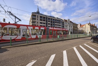 Tram stop Domplatz, overhead lines, tram, street, general architecture, blue sky, cumulus clouds,