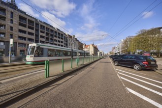 Domplatz tram stop, tram, overhead lines, tram tracks, parking boxes, vehicles, general