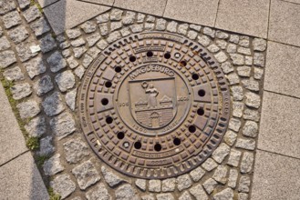 Sewer cover, 1200 years Magdeburg 805 to 2005, Magdeburg, state capital, independent city,