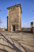 City fortification, defence defence tower, city wall, footpath, old town, shadow, blue sky, cumulus