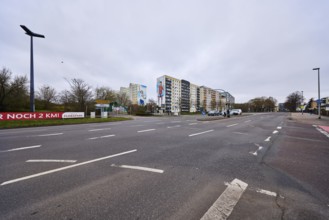 High-rise buildings, residential buildings, residential silos, lantern, asphalt road, lane