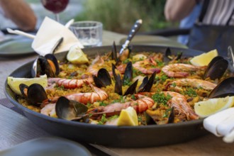 Close-up of a paella with scampi and other seafood