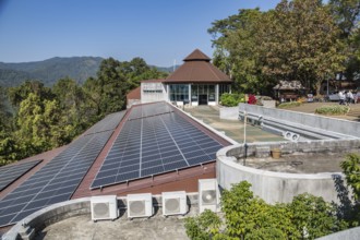 Solar panel array outside the Hall of Inspiration within the Doi Tung tourist attraction in Chiang