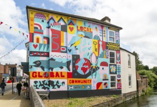 Colourful mural on wall of building by Salisbury Civic Society 2023, Fisherton Street, Salisbury,