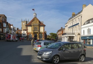 Historic town hall building in town centre of Marlborough, Wiltshire, England, UK