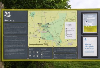 Information board with map at prehistoric stone circle site at village of Avebury, Wiltshire,