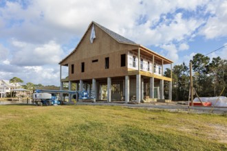 Elevated custom home under construction in Pass Christian, Mississippi