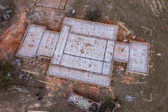 Aerial view of formwork for the foundation of a custom home in rural Mississippi