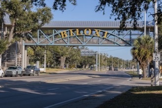 Sign on pedestrian bridge over US Highway 90 in Biloxi, Mississippi
