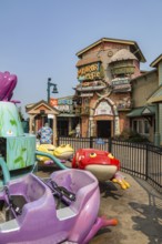 Mirror Maze attraction behind the Lil' Ribbits frog kiddie ride at The Island recreation center in