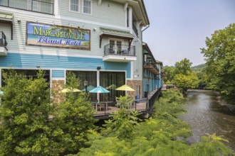Balcony of the Margaritaville Island Hotel along the water at The Island recreation center in