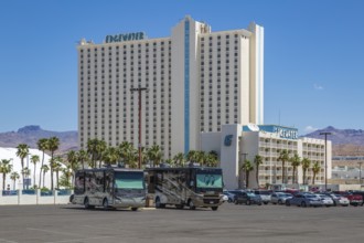 Tiffin motorhomes in parking lot of Edgewater casino resort in Laughlin, Nevada