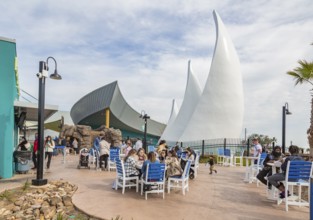 Visitors eating at the Pelican Pointe Cafe in the Mississippi Aquarium on the gulf coast at Biloxi,