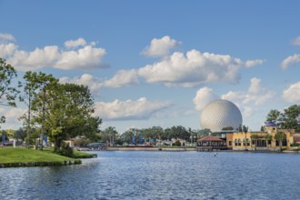Spaceship Earth geodesic sphere behind the World Showcase Lagoon in Epcot at Walt Disney World in