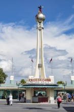 Replica of the Crossroads of the World tower and spinning globe at the entrance to Disney Hollywood