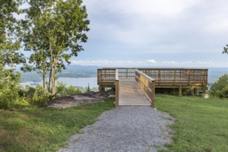 Wooden deck overlooks Weiss Lake at Cheyenne Rock Village near Leesburg, Alabama