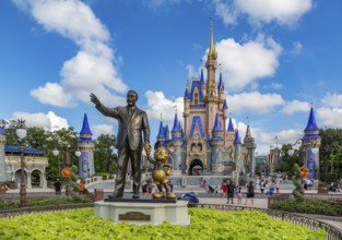 Partners statue in front of Cinderella's Castle at the end of Main Street in the Magic Kingdom at