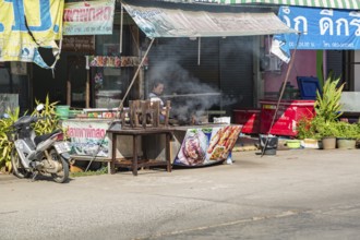Thai woman preparing food at her streetside business in Chiang Rai province of Northern Thailand