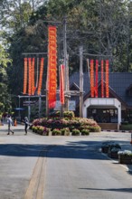 Lanna flags display celebrates cultural history inside the Doi Tung tourist attraction in Chiang