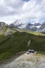 Glorerhütte mountain hut, view of picturesque mountain landscape with snow-covered summit of the