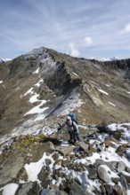 Mountaineer climbing in high mountain landscape at the Kesselkeessattel to the Bösen Weibl, Wiener