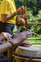 Group of people playing berimbau and atabaque in Brazilian capoeira outdoors, Minas Gerais, Brazil
