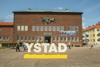 Sign YSTAD in front of the museum and art gallery in Ystad, Skåne County, Sweden, Scandinavia