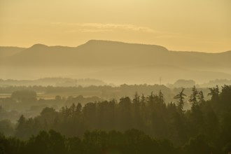 Gentle misty landscape with trees and mountains in the morning light, Germerode, Geo nature park