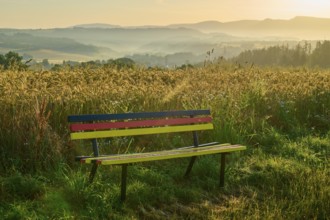 Bench in national colours with peaceful view of misty fields in the morning light, Germerode, Geo