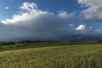 Dramatic cloudy sky with approaching storm and last rays of sunshine, Frankenhain, dark cloud wall,