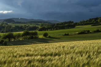 Dramatic cloudy sky with approaching storm and last rays of sunshine, Frankenhain, dark cloud wall,