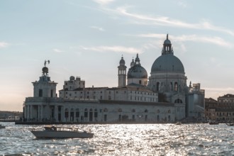 Motorboat navigating grand canal with punta della dogana and basilica di santa maria della salute