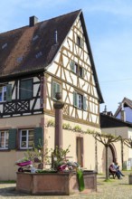 Wettebrunnen or Judenbrunnen in front of a historic half-timbered house in Endingen am Kaiserstuhl,