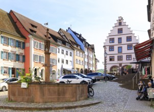 Market square with market fountain and town hall with stepped gable, Endingen am Kaiserstuhl,