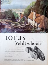 Country Life magazine colour advertisement 1951 Lotus Veldtschoen, picture of Selworthy by Rowland